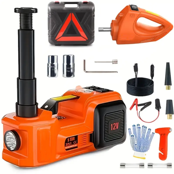 5 Ton Electric Hydraulic Car Jack 3-in-1 with Inflatable Pump, LED Light & Electric Impact Wrench, Portable Hard Case for SUV MPV Truck Sedan