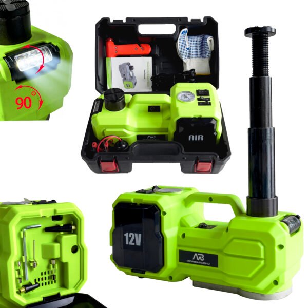 12V 5T Electric Car Jack with Air Inflator & 90° Adjustable LED Light | All-in-One Hydraulic Jack for Tire Change