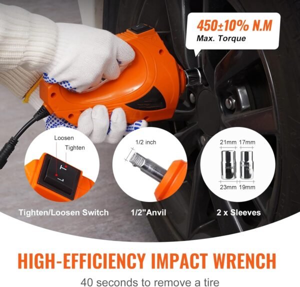 High-Efficiency Electric Impact Wrench 450N.M, 1/2" Anvil with 2 Socket Sleeves, Fast Tire Removal Tool for Car SUV Truck