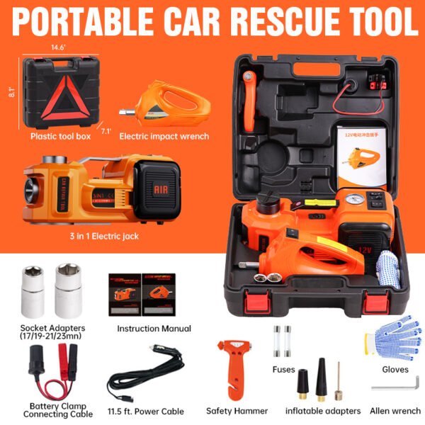 5 Ton Electric Hydraulic Car Jack 3-in-1 with Inflatable Pump, LED Light & Electric Impact Wrench, Portable Hard Case for SUV MPV Truck Sedan