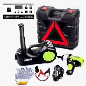 Electric Hydraulic Jack Lift ,5 Ton,with Digital Display, LED Light, Inflatable Pump & Electric Impact Wrench, Black Green, Portable Garage Repair Tool for SUV MPV Sedan Truck, Hard Case Packaging