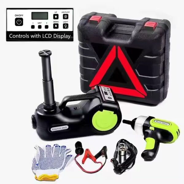 Electric Hydraulic Jack Lift ,5 Ton,with Digital Display, LED Light, Inflatable Pump & Electric Impact Wrench, Black Green, Portable Garage Repair Tool for SUV MPV Sedan Truck, Hard Case Packaging
