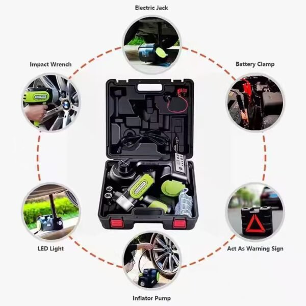 Electric Hydraulic Jack Lift ,5 Ton,with Digital Display, LED Light, Inflatable Pump & Electric Impact Wrench, Black Green, Portable Garage Repair Tool for SUV MPV Sedan Truck, Hard Case Packaging