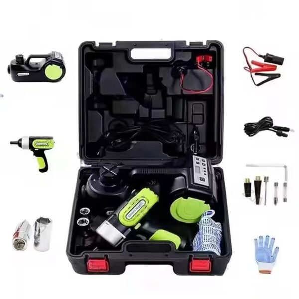Electric Hydraulic Jack Lift ,5 Ton,with Digital Display, LED Light, Inflatable Pump & Electric Impact Wrench, Black Green, Portable Garage Repair Tool for SUV MPV Sedan Truck, Hard Case Packaging
